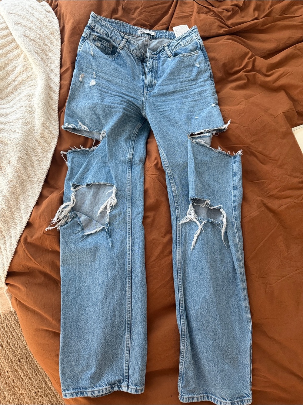 Zara Light Blue Distressed Wide-Leg Jeans